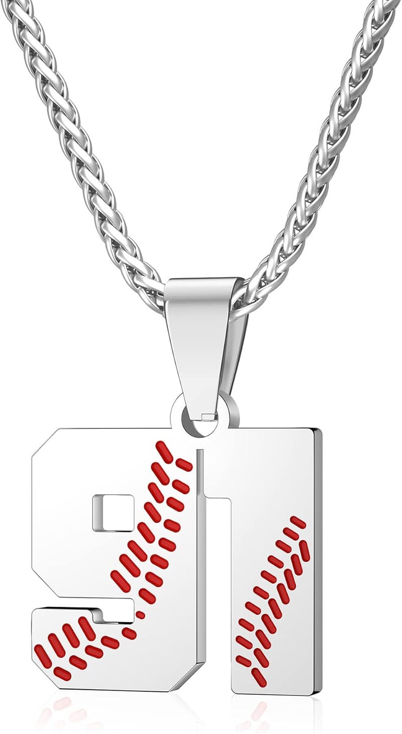 Wikavanli Personalized Baseball Jersey Number 00-99 Necklace - Stainless Steel Baseball Chain Pendant Necklace - Team Jewelry Gift for Boys, Girls, Men, Women - Image 1